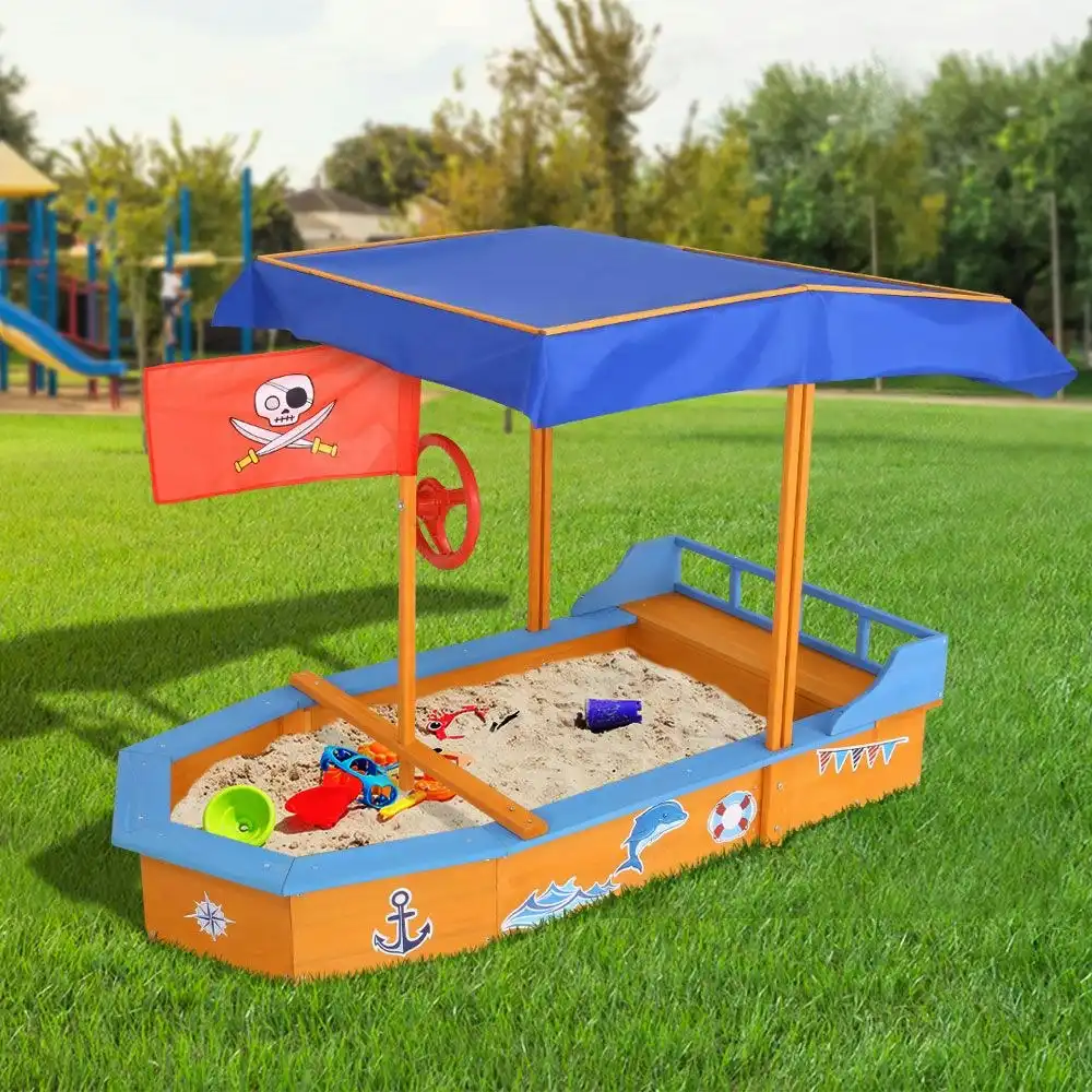 Keezi Kids Sandpit Wooden Boat Sand Pit with Canopy Bench Seat Beach Toys 150cm