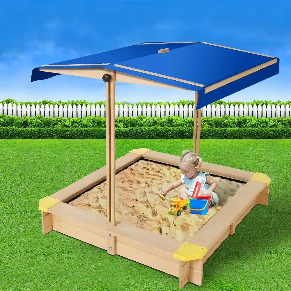 Keezi Kids Sandpit Wooden Sandbox Sand Pit with Canopy Bench Seat Toys 101cm