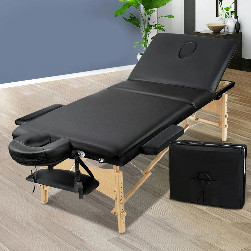 Zenses Massage Table 70cm Portable 3 Fold Wooden Beauty Bed Black