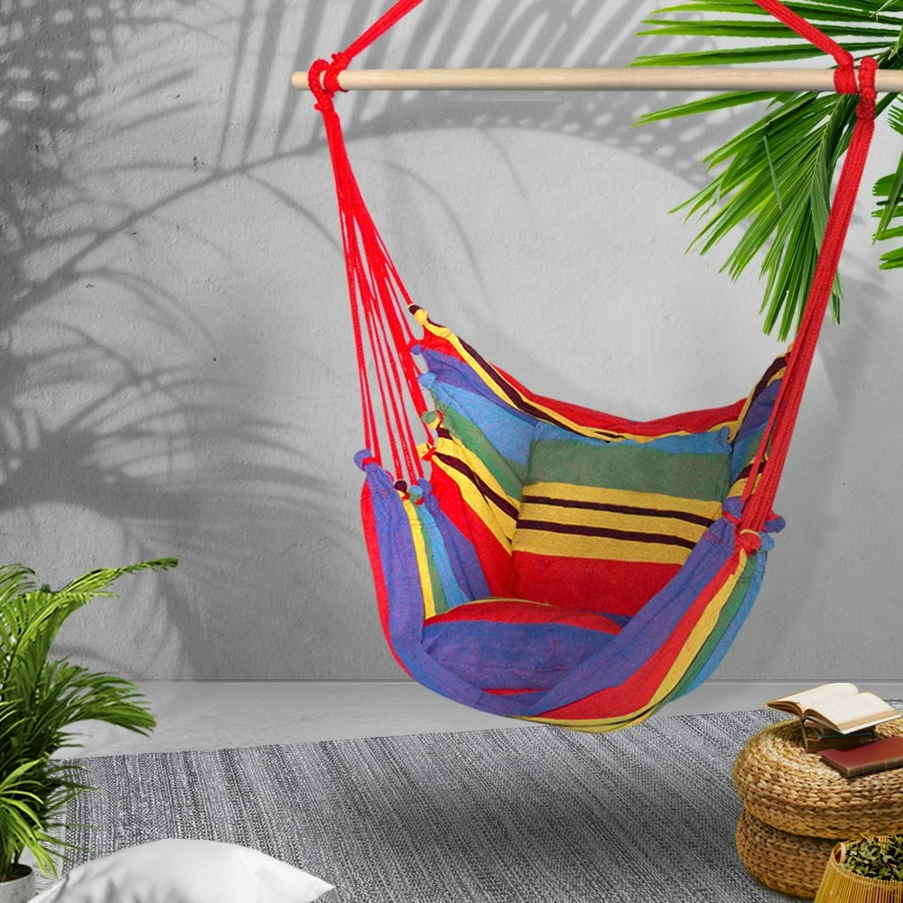 Gardeon Hammock Chair Outdoor Camping Hanging Hammocks Cushion Pillow Rainbow