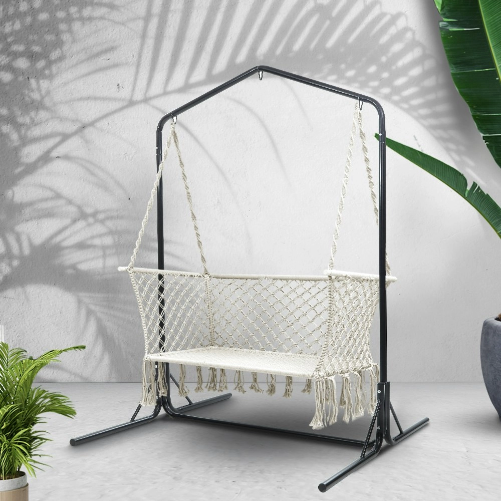 Gardeon Hammock Chair with Stand Macrame Outdoor Garden 2 Seater Cream