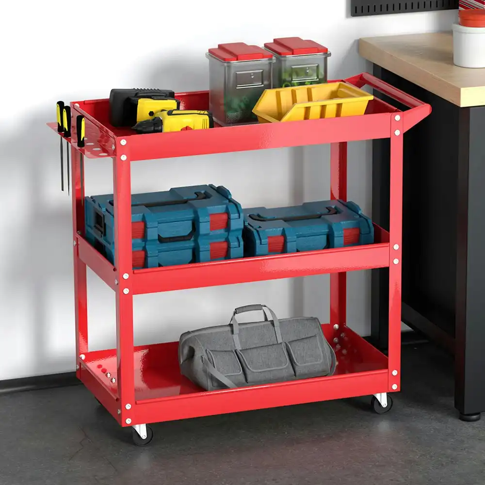 Giantz 3-Tier Tool Cart Trolley Workshop Garage Storage Organizer Red