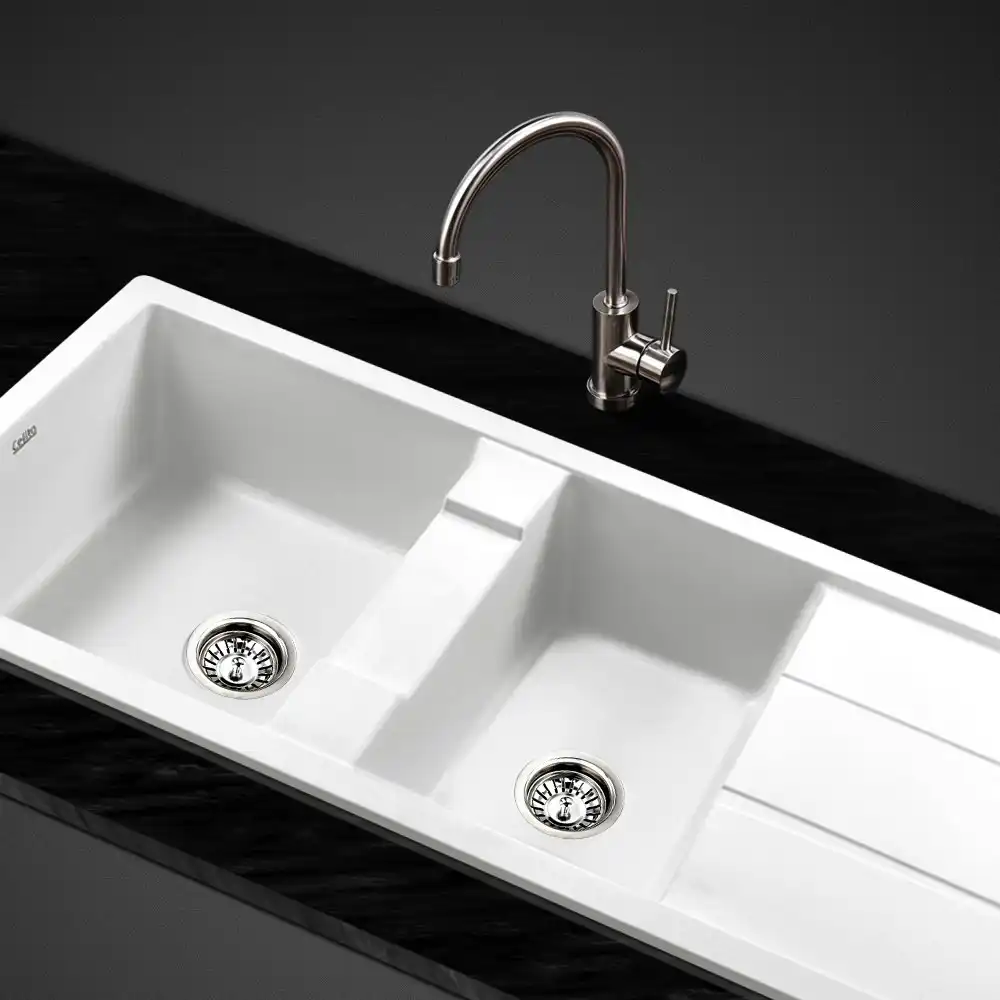 Cefito Kitchen Sink Stone Sink Granite Laundry Basin Double Bowl 116x50cm White