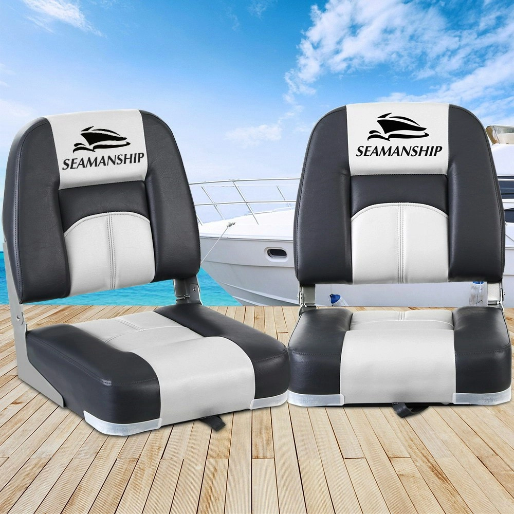 Seamanship 2X Folding Boat Seats Marine Seat Swivel Low Back 10cm Padding Grey