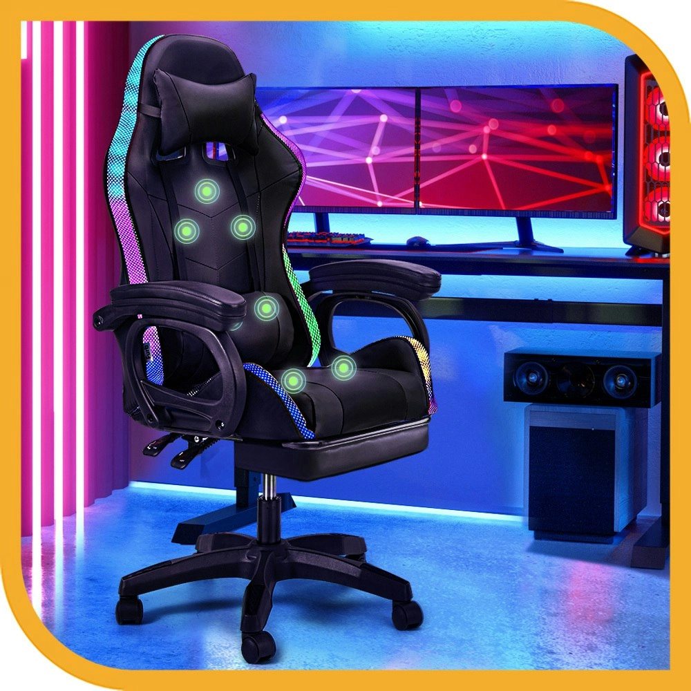 Furb Gaming Chair Computer LED Massage Seat Footrest Support Black Office Chair