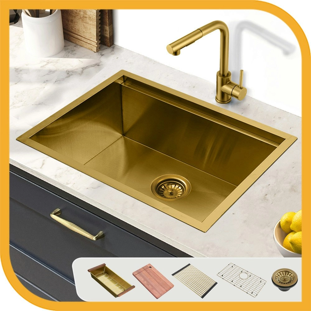 Simplus Stainless Steel Kitchen Workstation Sink 60x45CM Laundry Undermount Single Bowl Set Gold