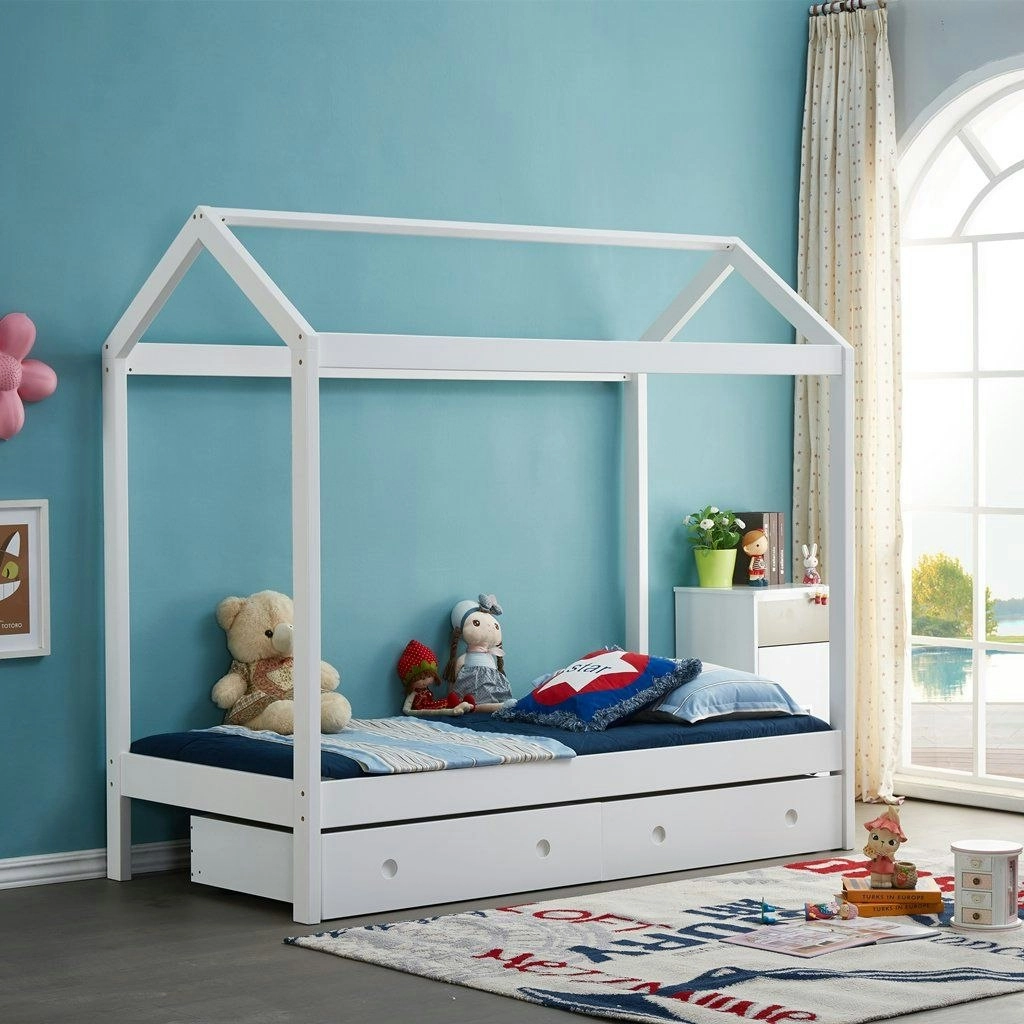 All 4 Kids Layla White Wooden House Single Bed with Under Bed Storage