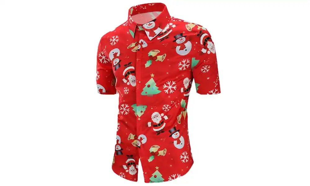 Men's Collared Short Sleeve Christmas Shirt - Red