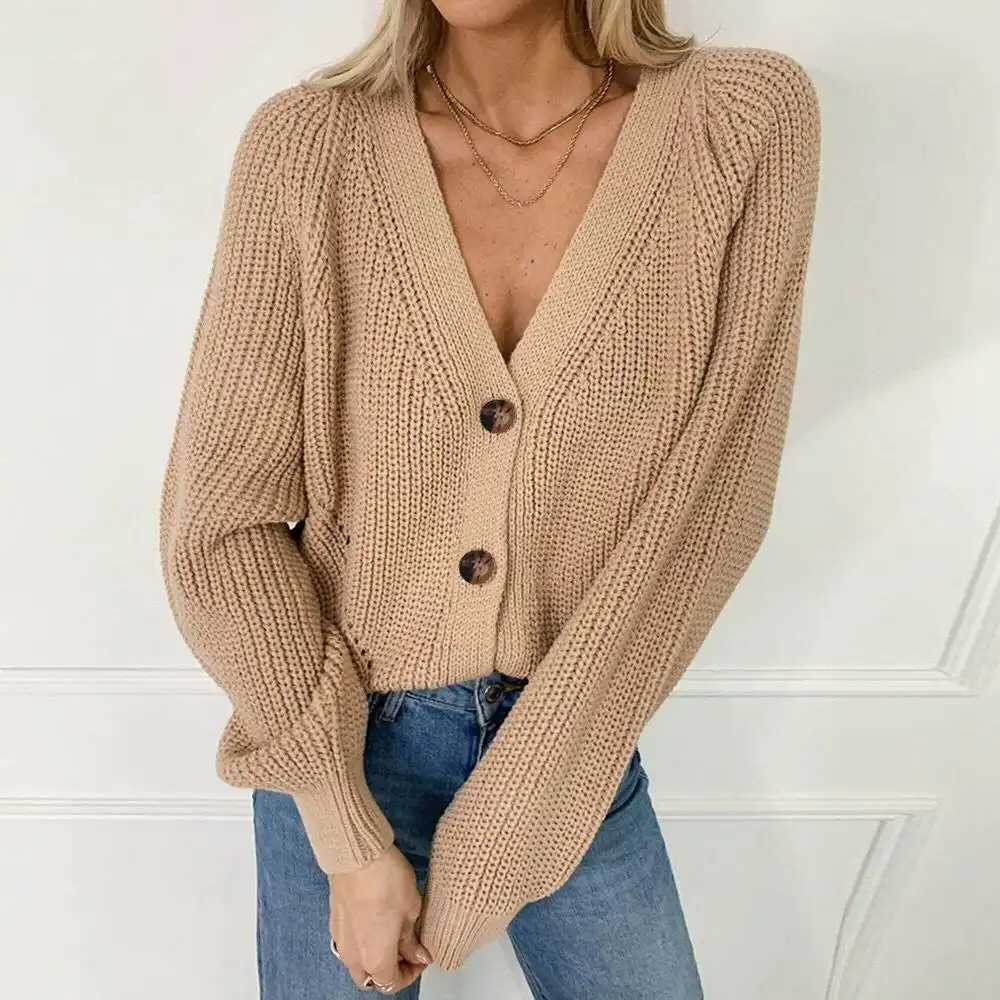 Women's Cropped Knit Button Cardigan - Beige