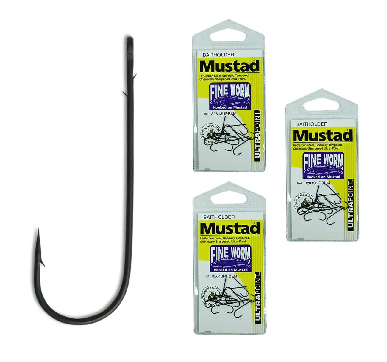 3 Packs of Mustad 32813NPBLM Fine Worm Chemically Sharp Fishing Hooks