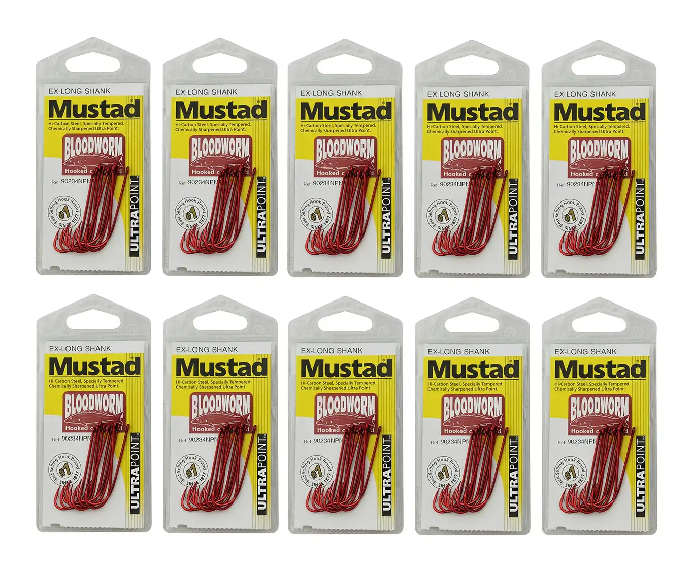 10 Packs of Mustad 90234NPNR Bloodworm Chemically Sharp Fishing Hooks