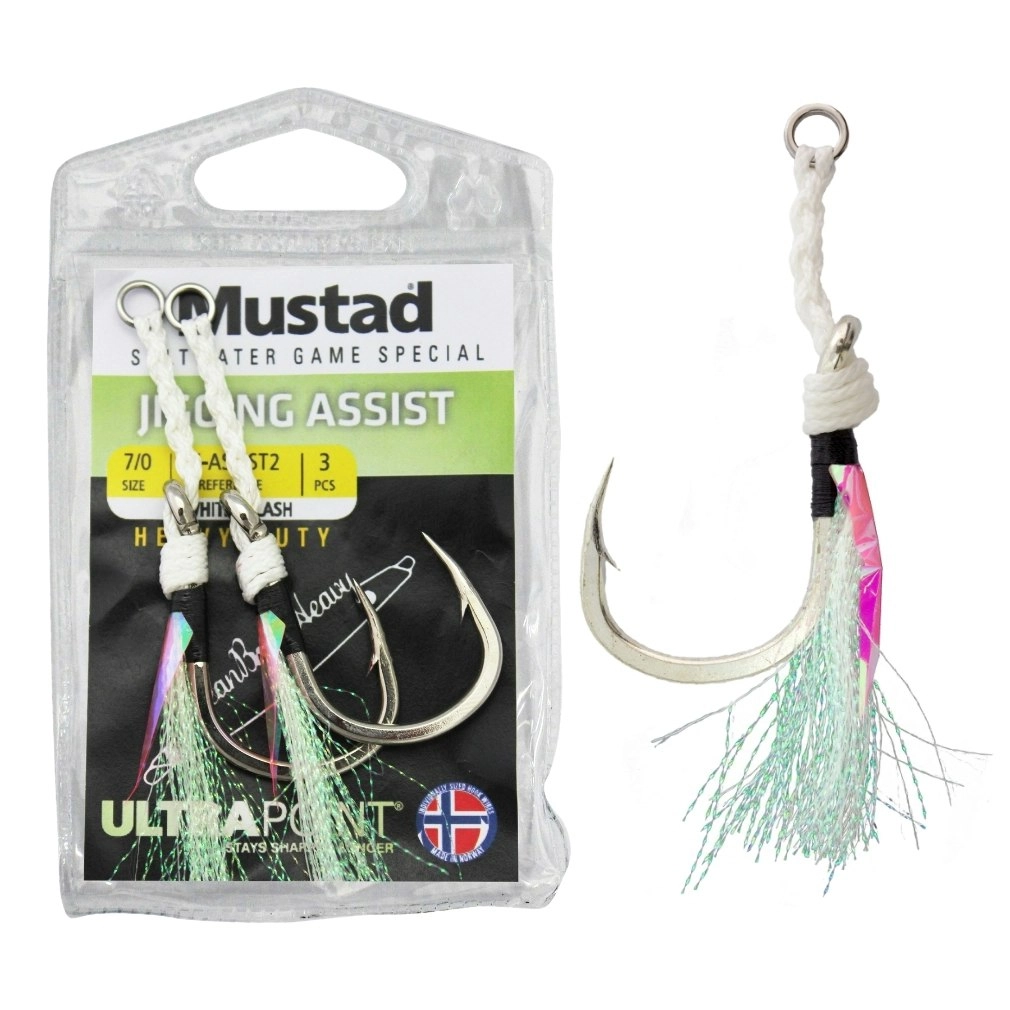 2 Pack of Mustad White Flash Ocean Brute Ultra Heavy Duty Jig Assist Hooks