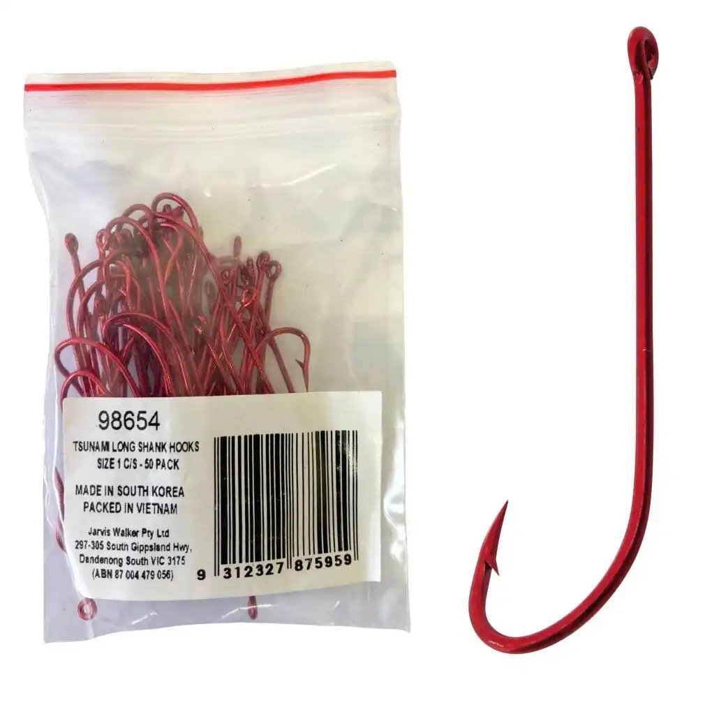 50 Pack of Tsunami Size 1 Red Long Shank Hooks - Chemically Sharpened Worm  Hooks, Hooked Online