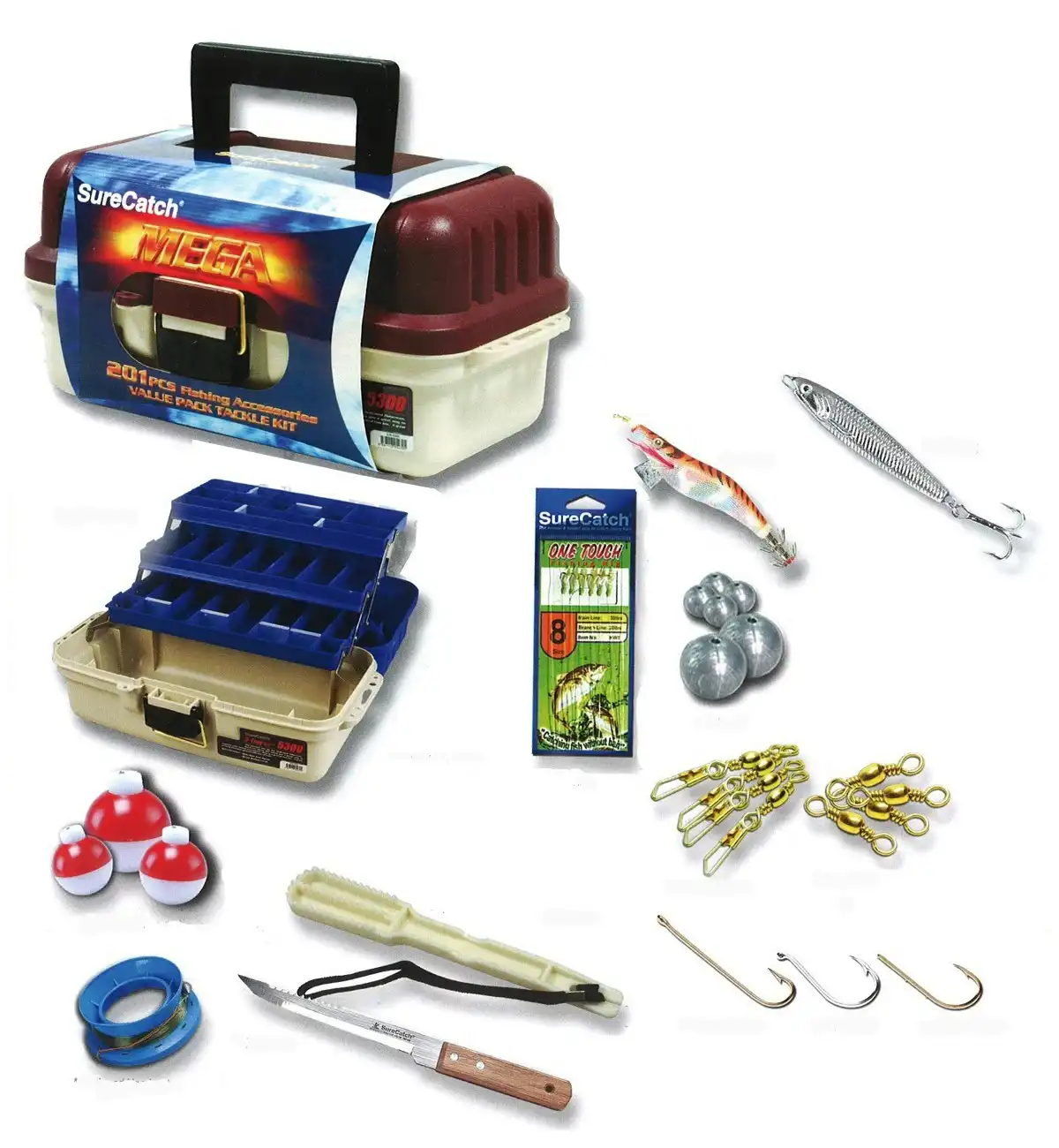 Surecatch 201 Piece Mega Fishing Pack - 3 Tray Tackle Box - Assorted Tackle Kit