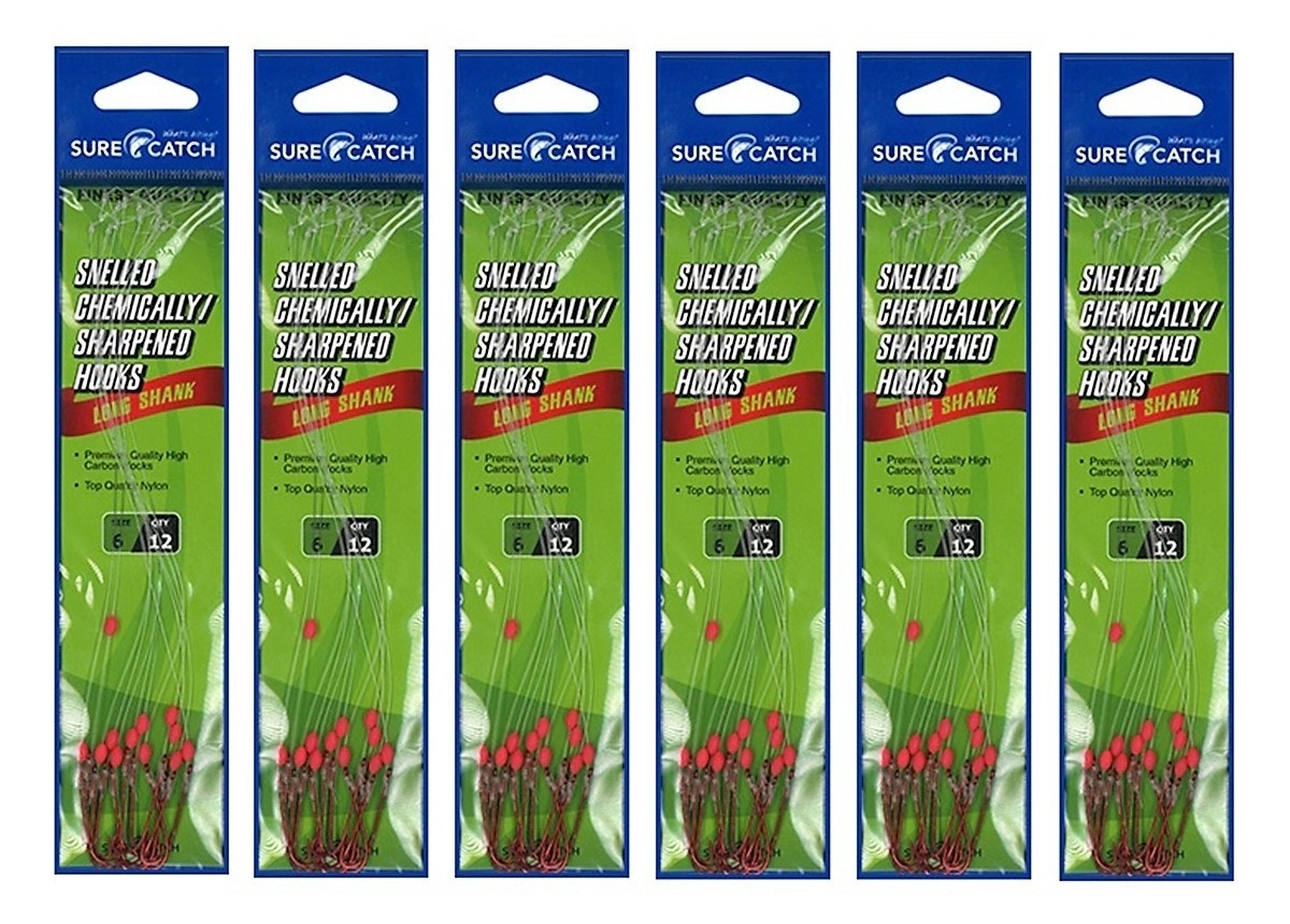 6 Packets of Surecatch Snelled Chemically Sharp Red Long Shank Hook Rigs-72 Rigs