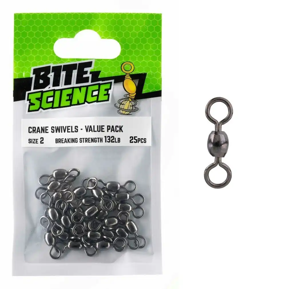 25 Pack of Size 2 Bite Science Black Crane Fishing Swivels - 132lb