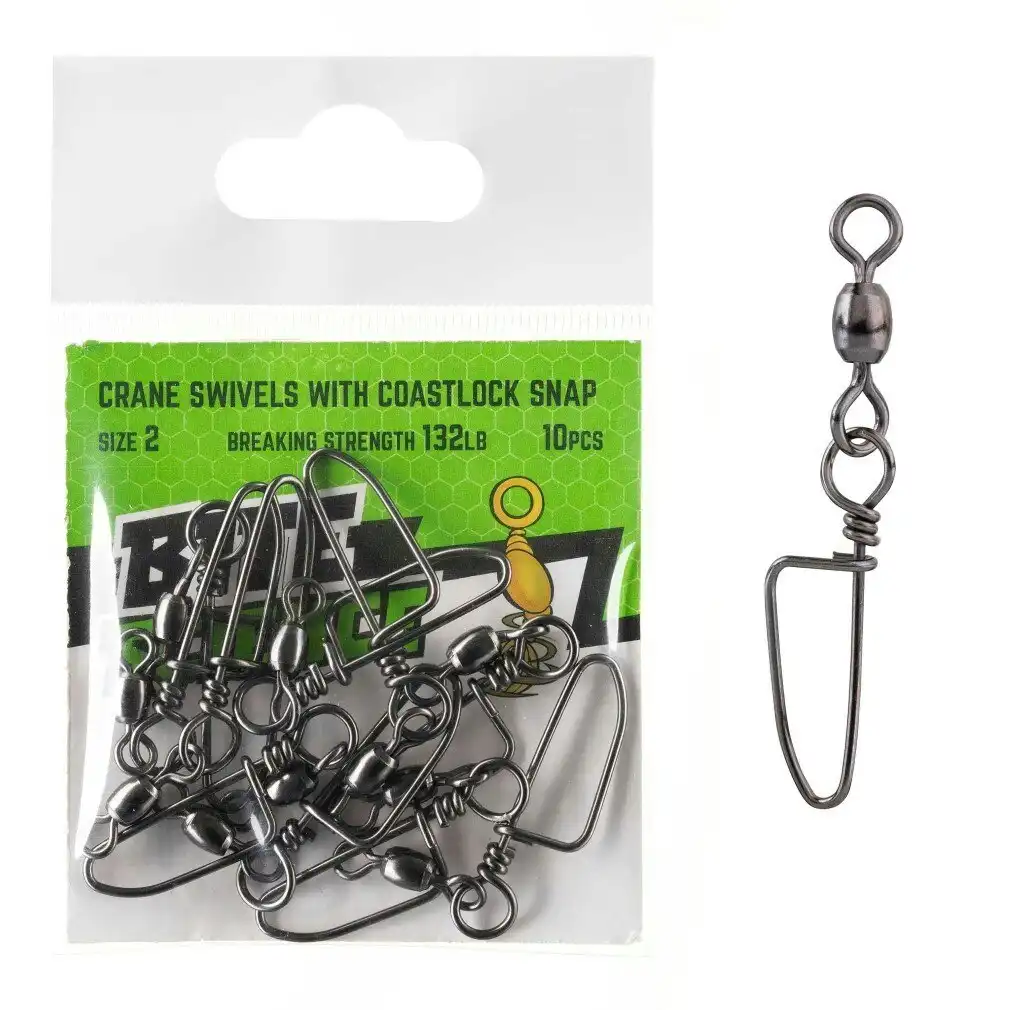 10 Pack of Size 2 Bite Science Black Crane Swivels with Coastlock Snaps - 132lb