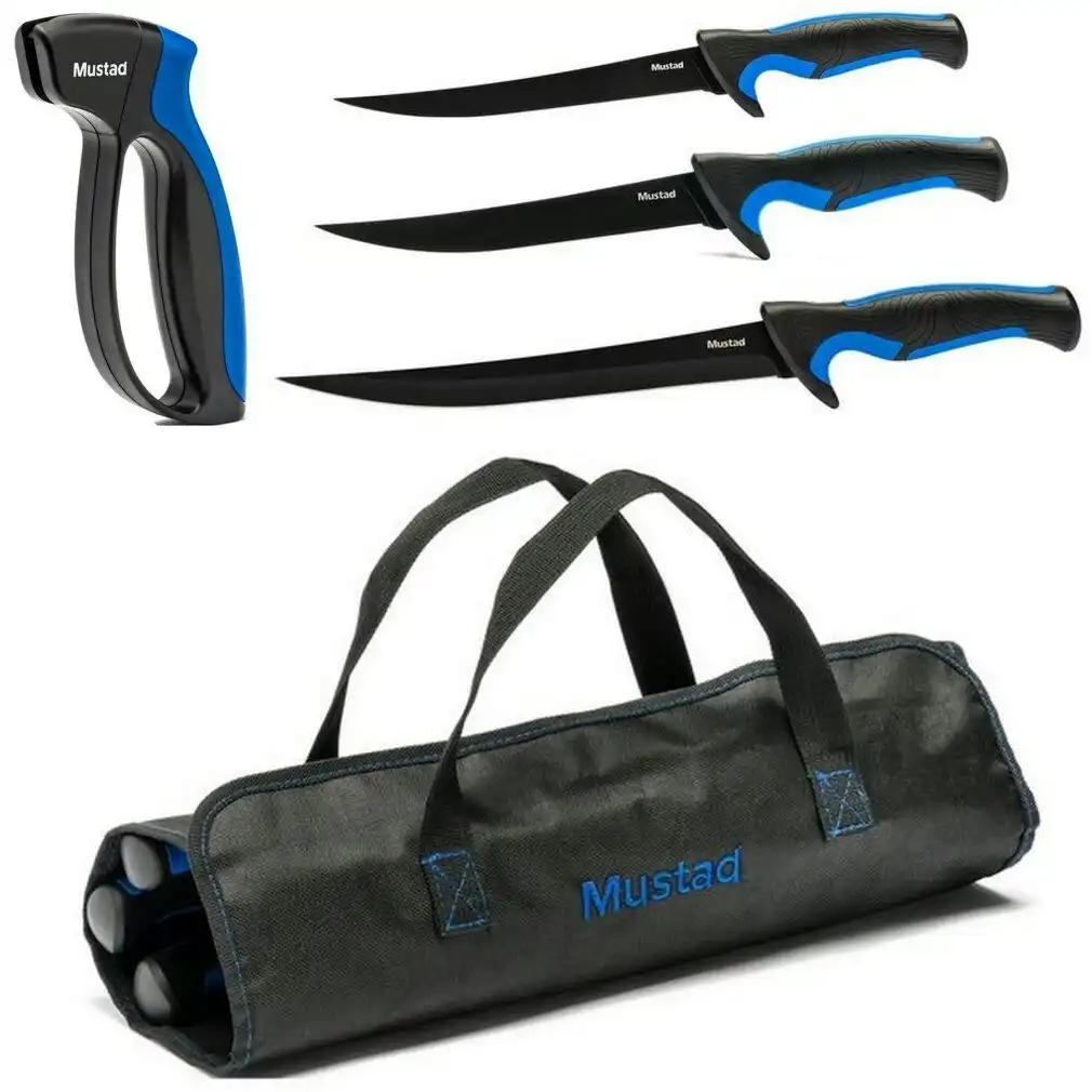 Mustad Fish Filleting Kit - 3 x Fishing Knives,Knife Sharpener in Roll Up Bag