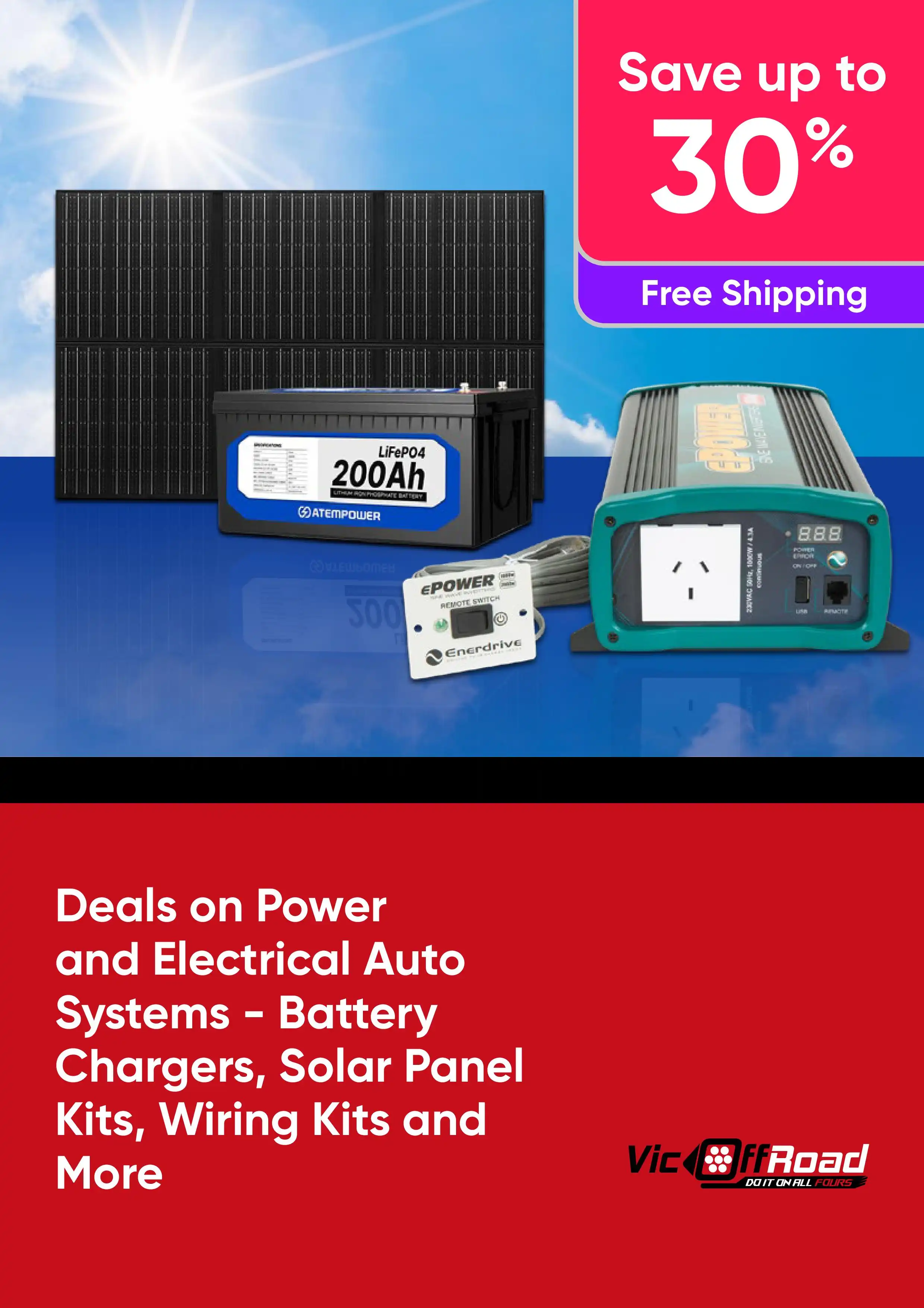 Deals on Power and Electrical Auto Systems - Battery Chargers, Solar Panel Kits, Wiring Kits and More - Save up to 30% off